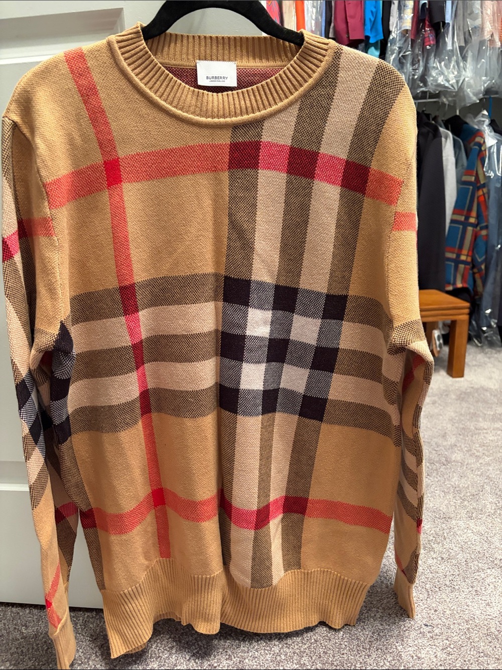 Burberry Tan Plaid Crewneck Sweater with Red Accents